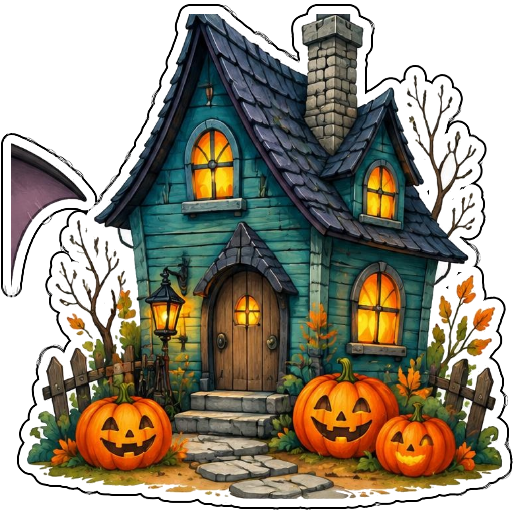 A teal haunted cottage surrounded by pumpkins