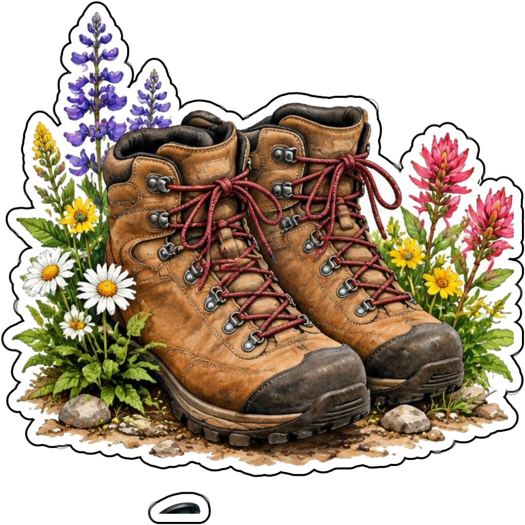 Hiking boots surrounded by alpine flowers