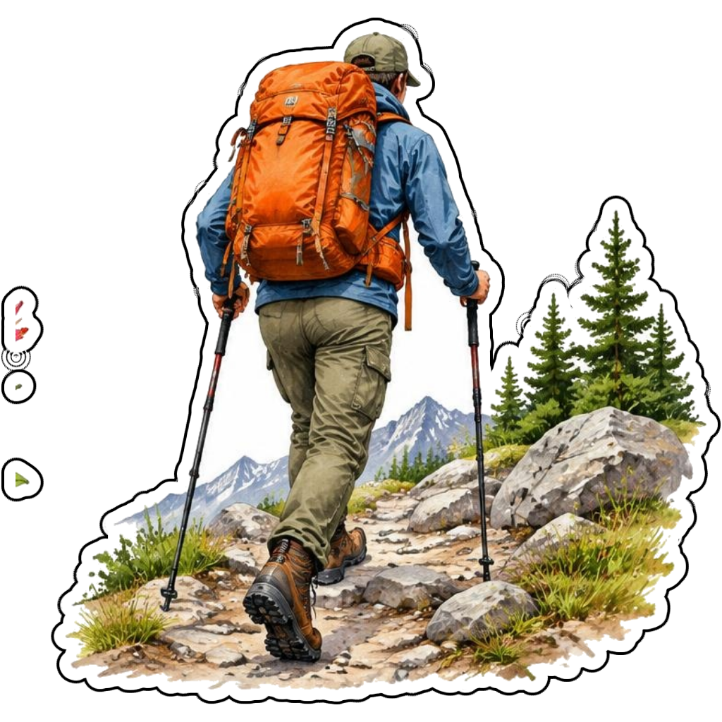 A hiker with an orange backpack climbing a rocky trail