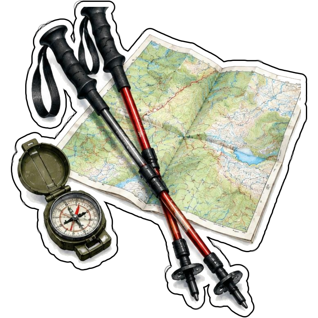 Trekking poles beside a folded trail map