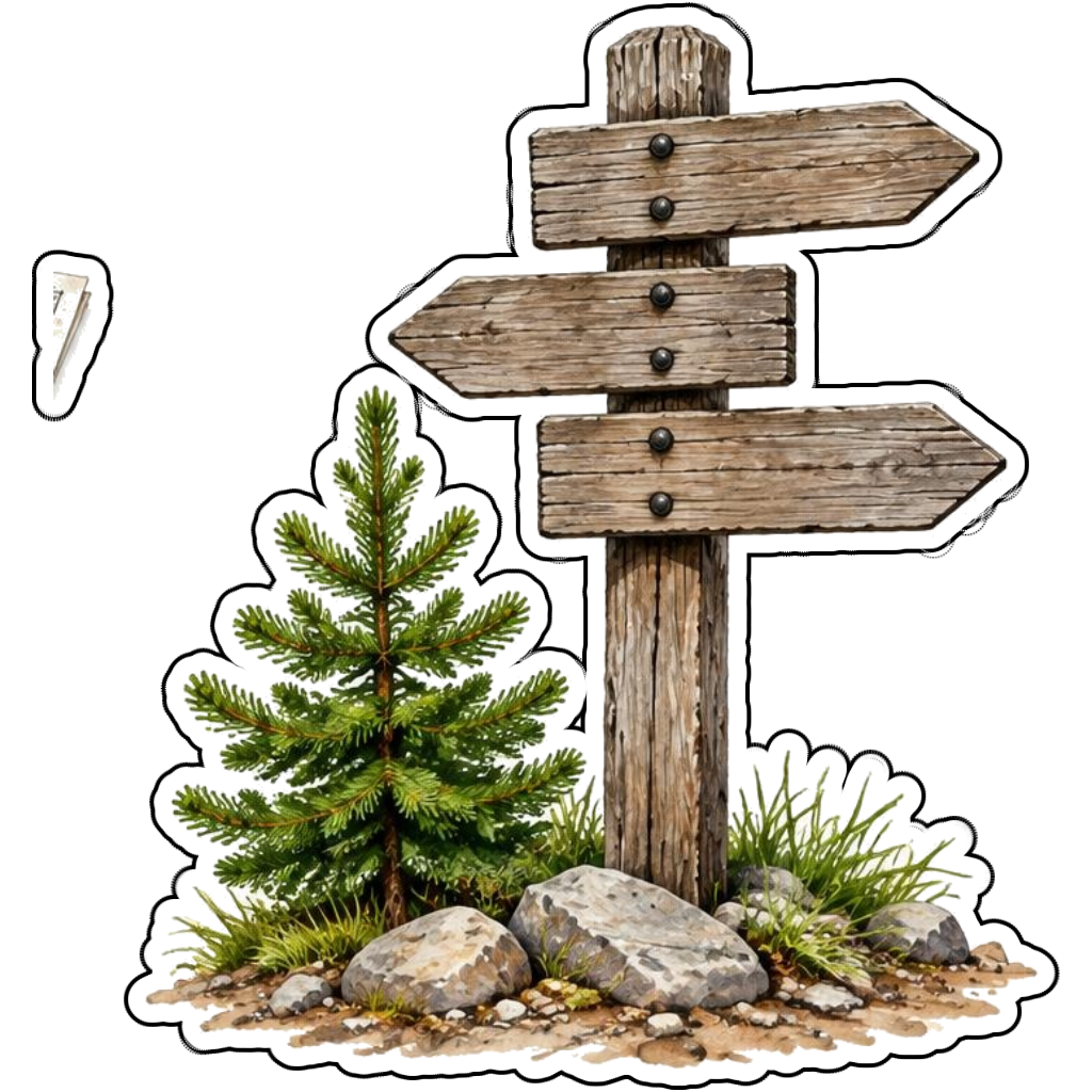 A wooden trail sign with a pine sapling