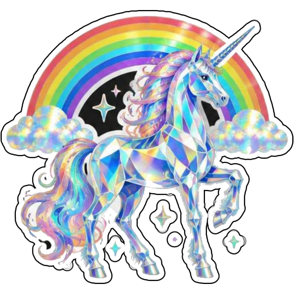 A crystal unicorn under a rainbow