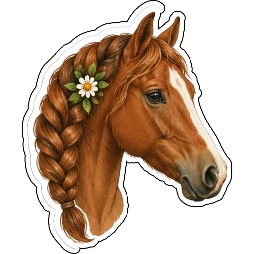 A horse head with a braided mane and flower