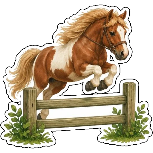 A pony jumping over a small fence
