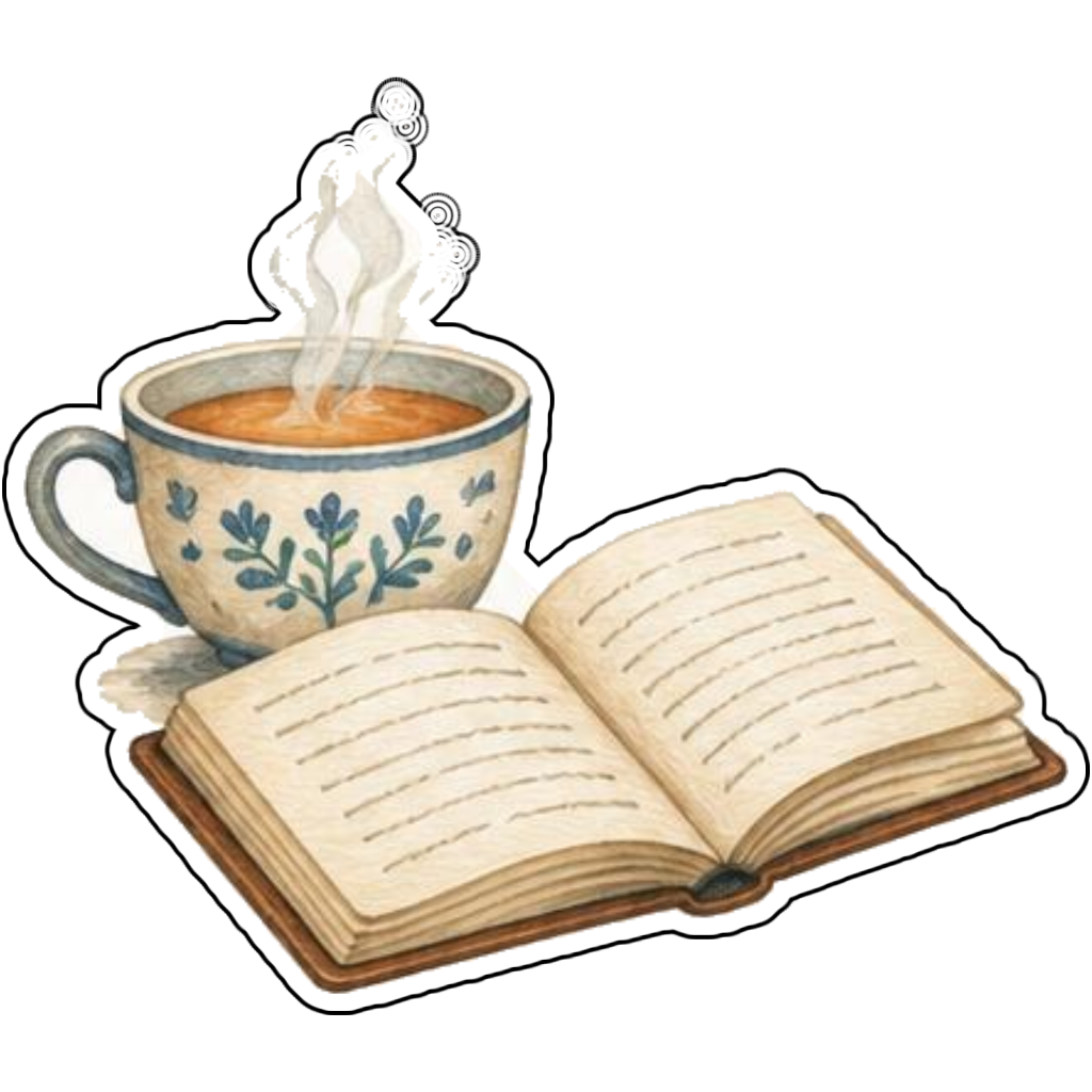 A steaming tea cup with a book