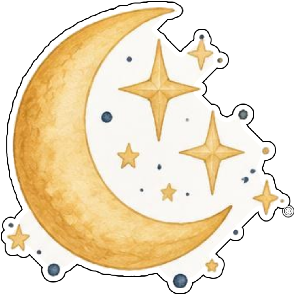A crescent moon with stars