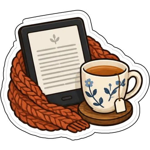 An e-reader beside a floral teacup and knitted scarf