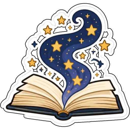 An open book with stars swirling out