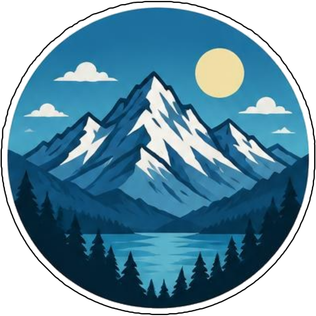 A mountain range in a circle badge