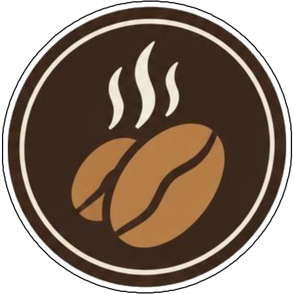 A coffee bean badge with steam swirls