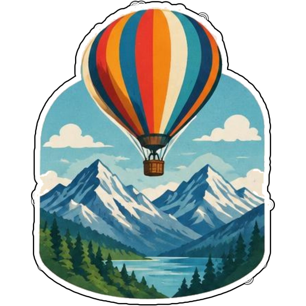 A hot air balloon over mountains