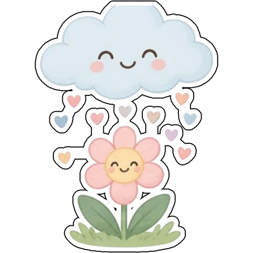 A soft cloud raining tiny hearts over a flower