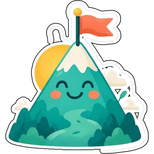 A smiling mountain with a flag on its peak