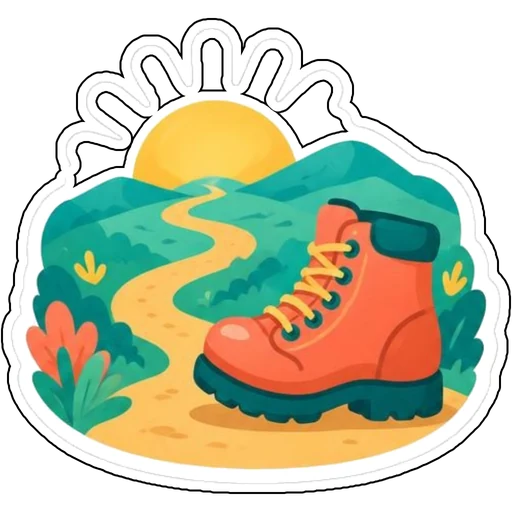 A sunrise over a winding path with a hiking boot