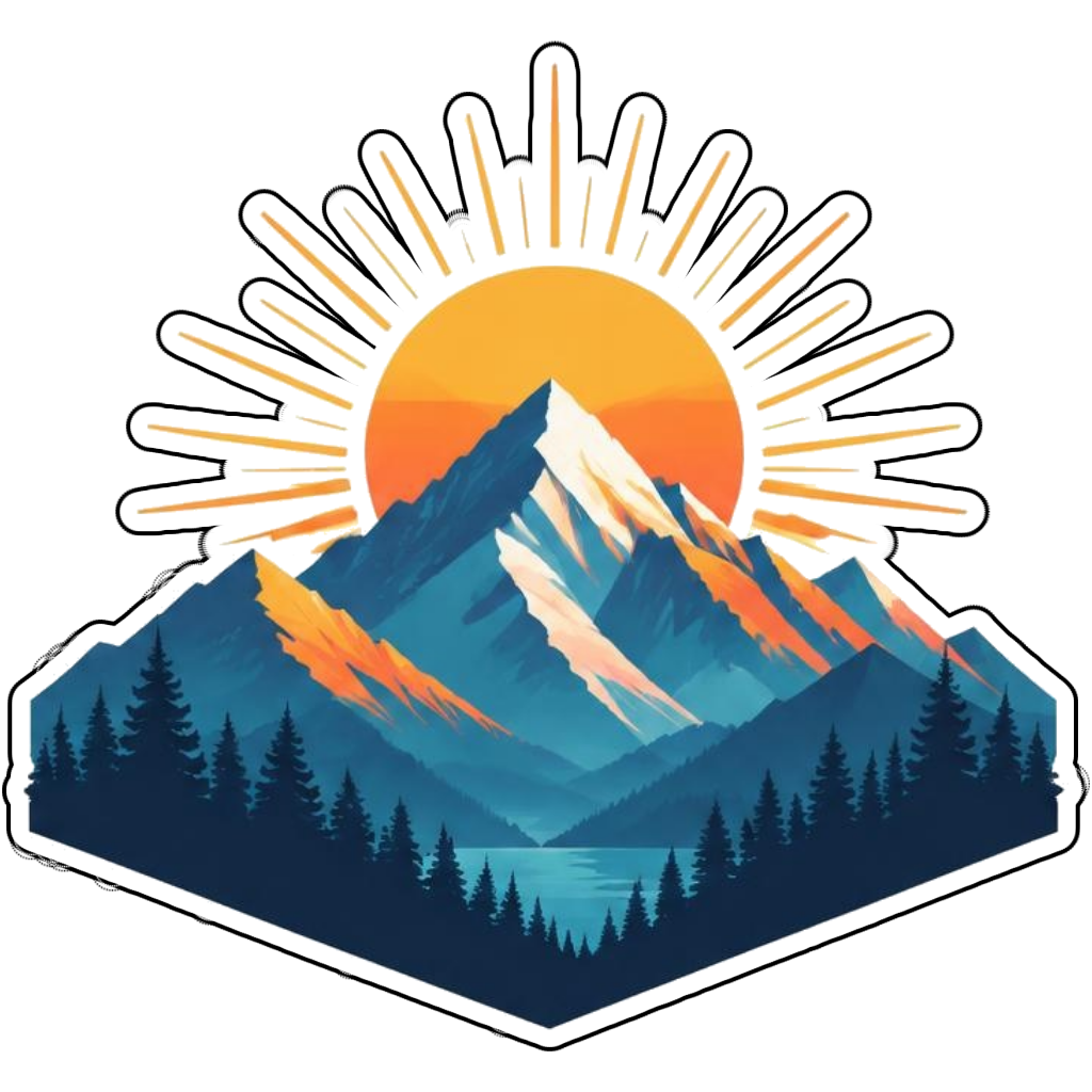 Geometric mountain peaks below a golden sunrise