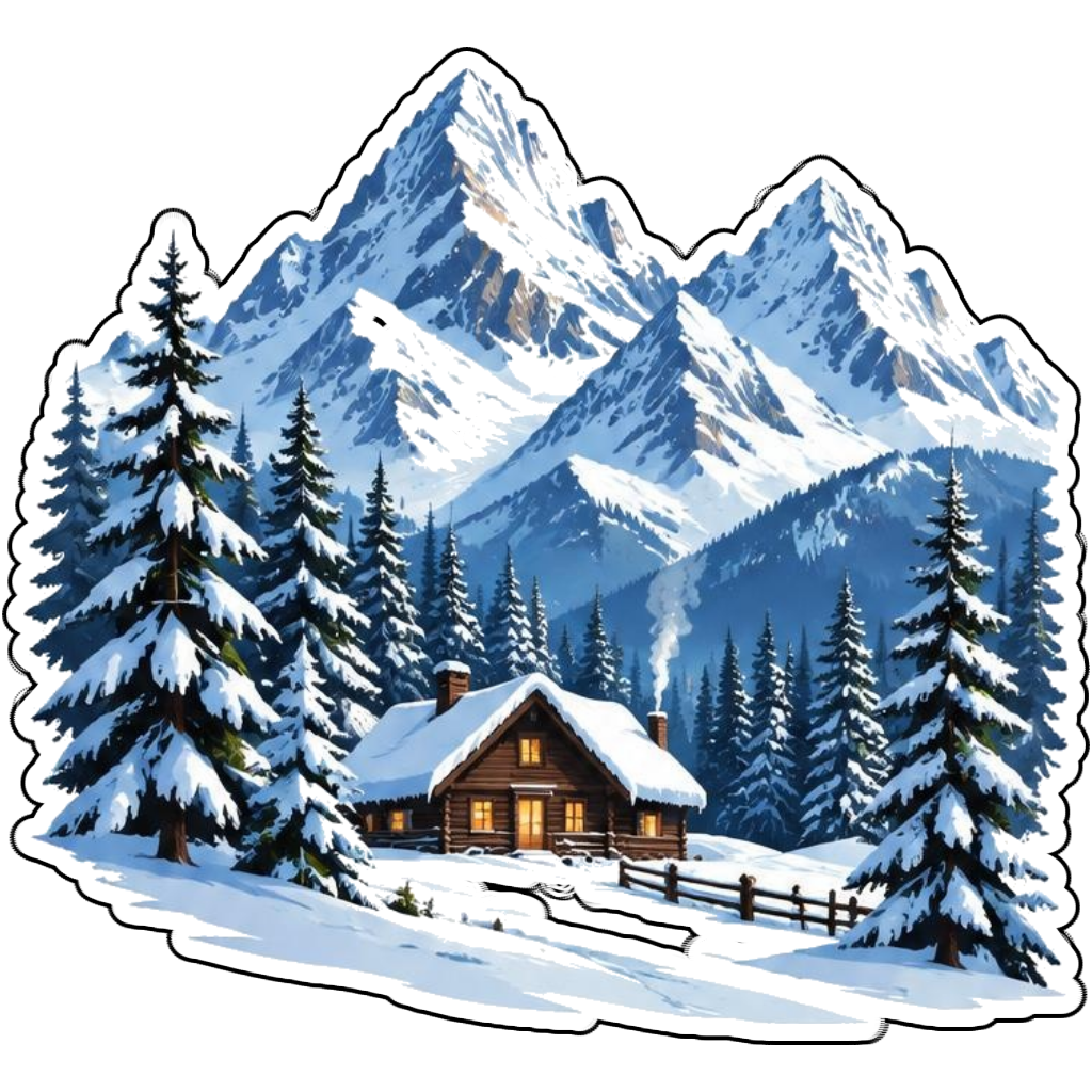 A snowy cabin beneath rugged peaks
