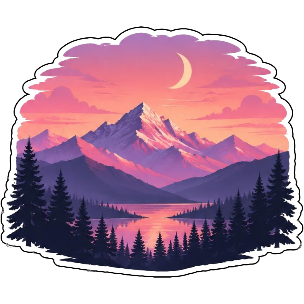 Pink sunset mountains beneath a crescent moon