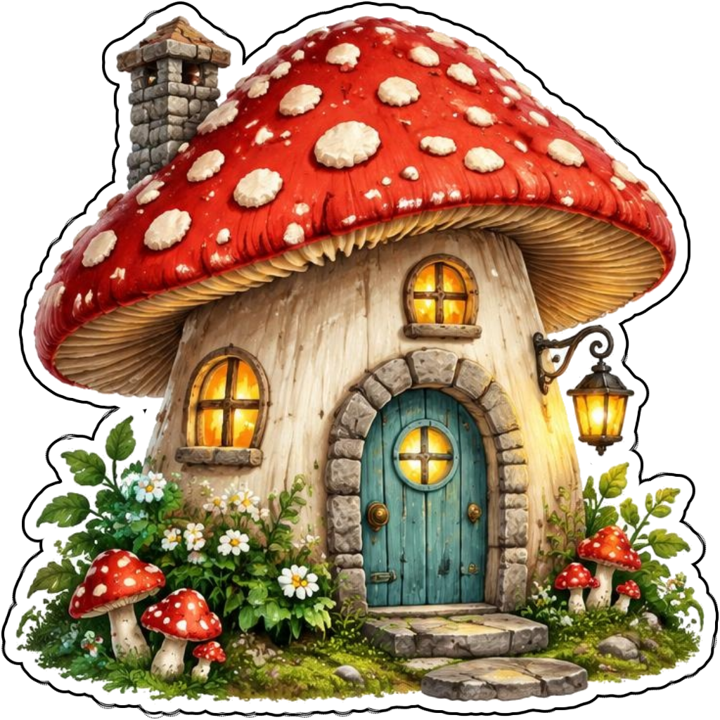A red spotted mushroom cottage with a teal door