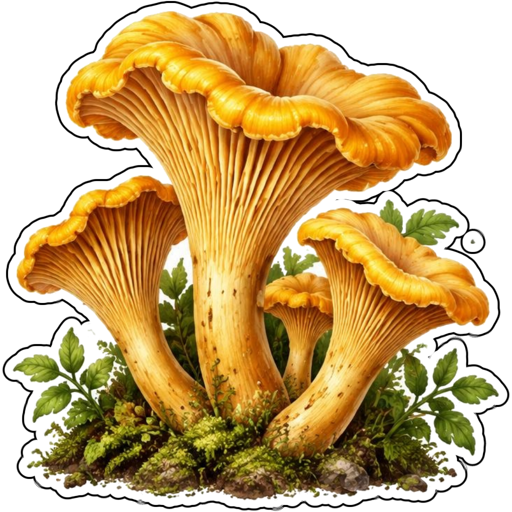 A cluster of amber chanterelles and ferns