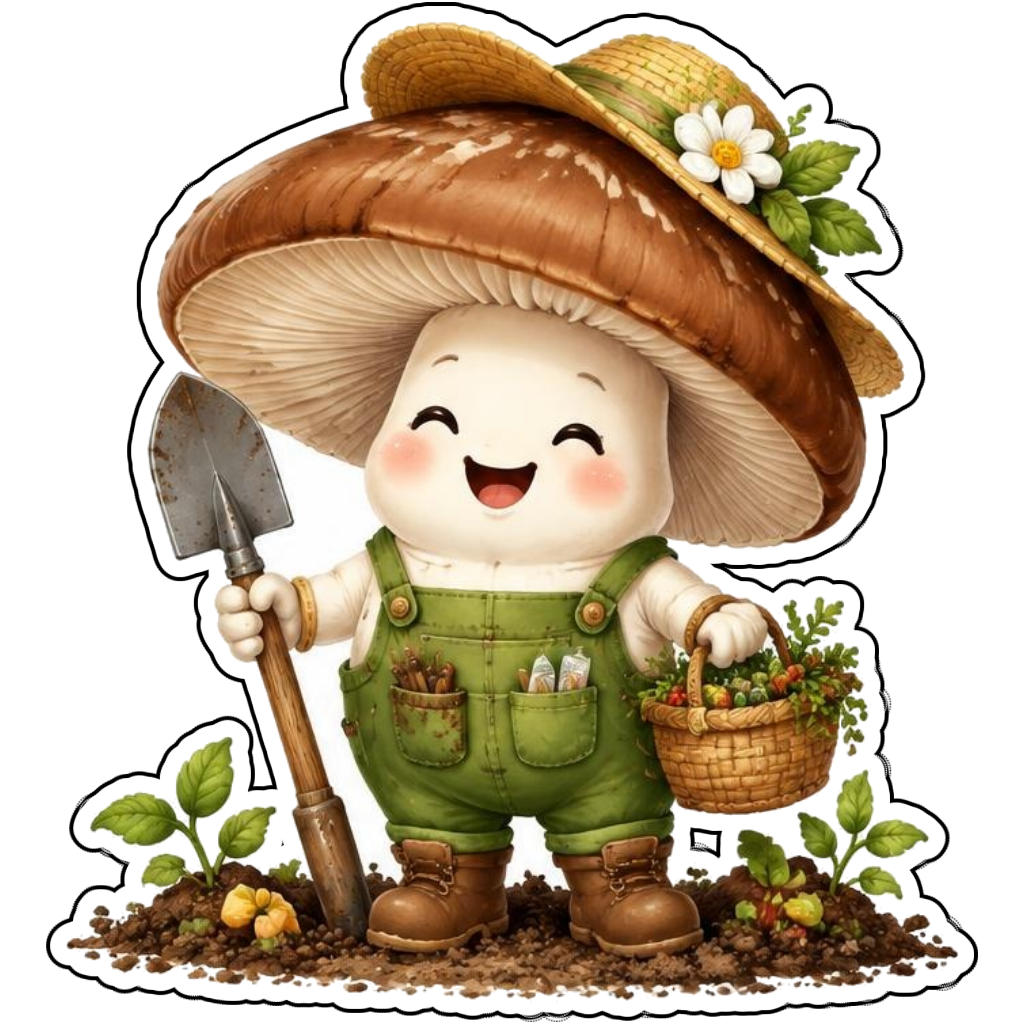 A cheerful mushroom gardener carrying a spade