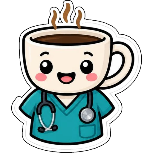 A cheerful coffee cup wearing scrubs