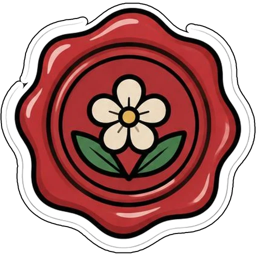 A red wax seal with a white flower