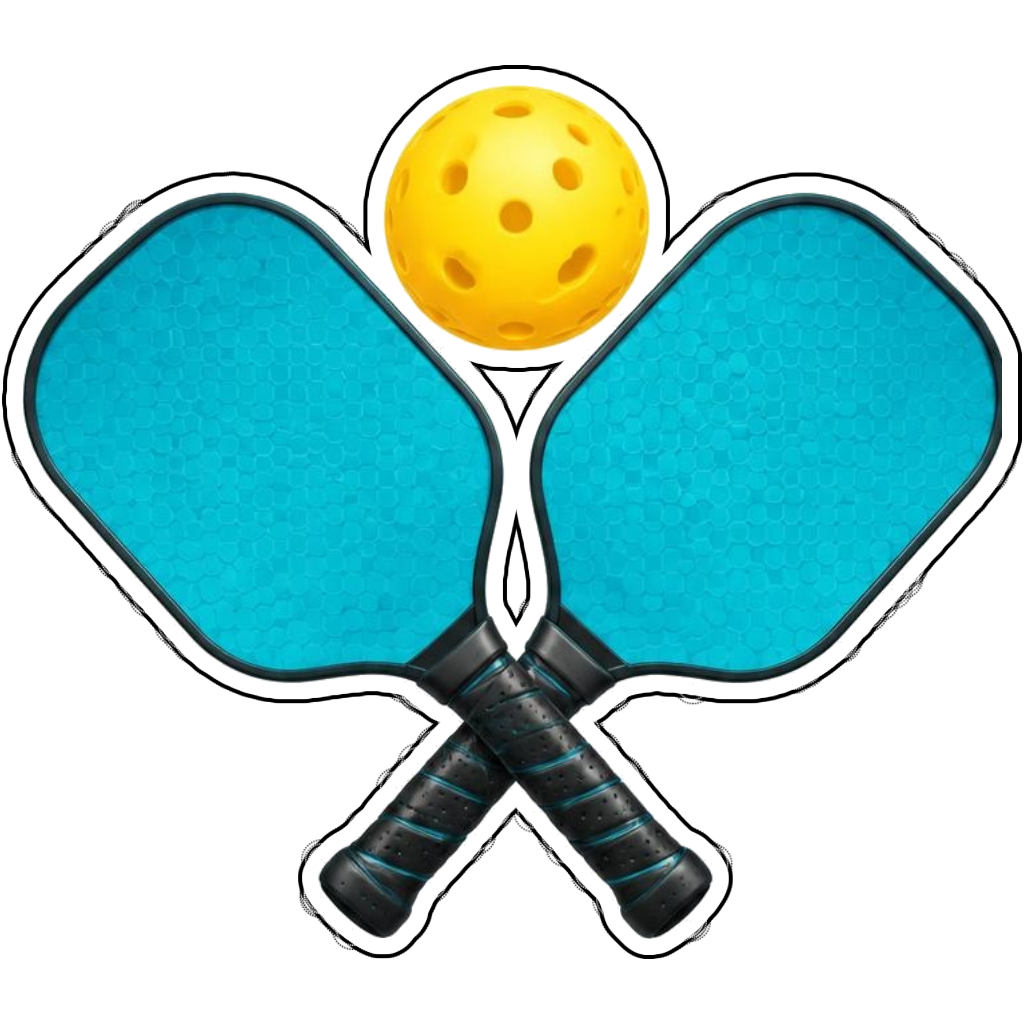Crossed turquoise pickleball paddles with a yellow ball