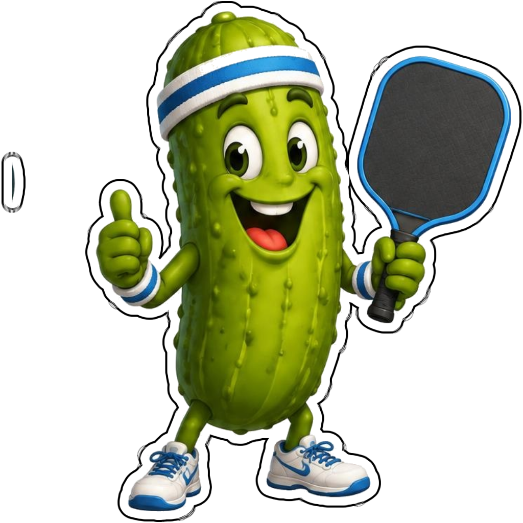A smiling pickle holding a pickleball paddle