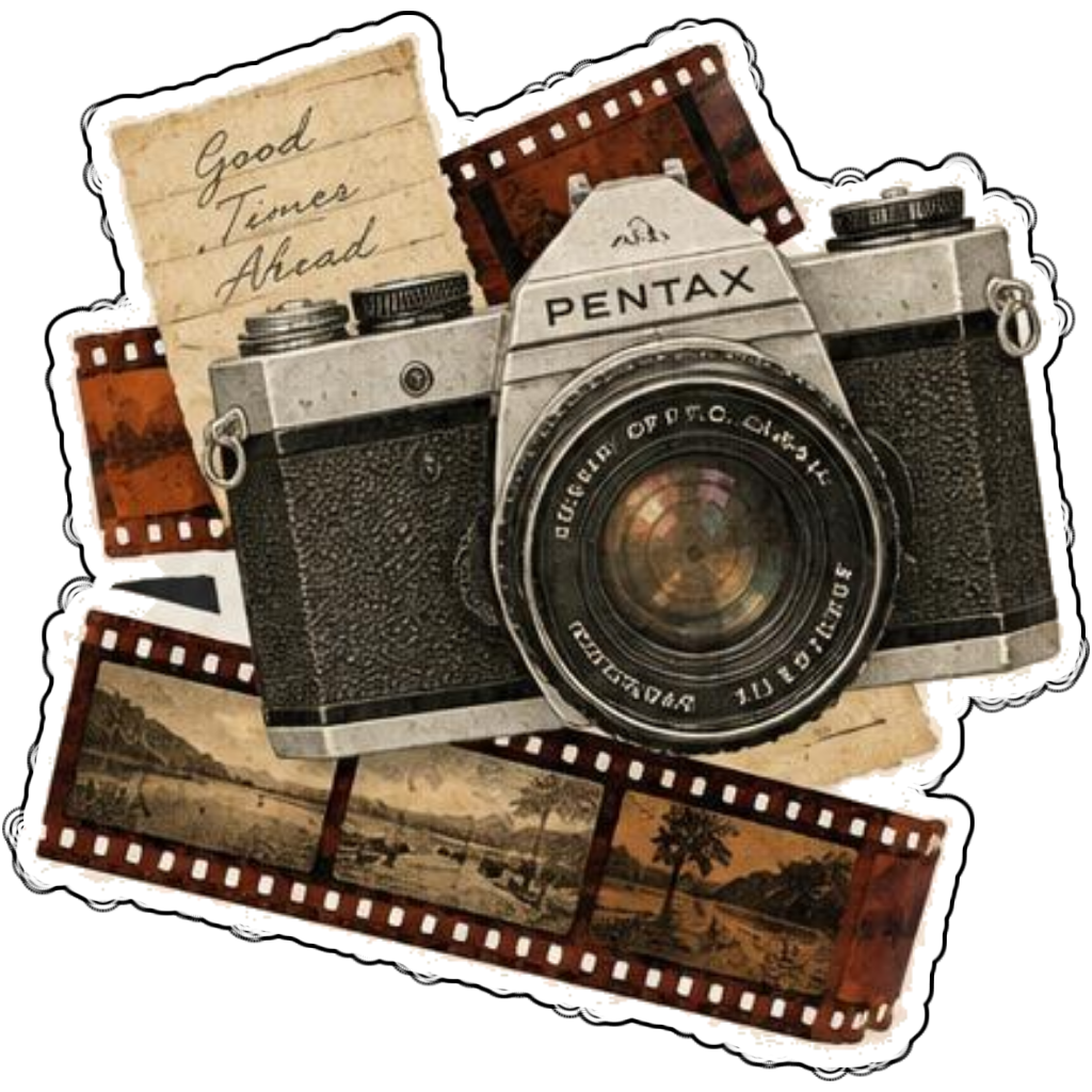 A vintage camera with film strips