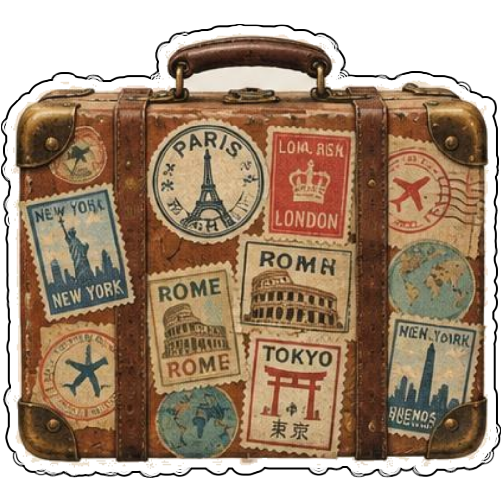 A suitcase covered in travel stamps
