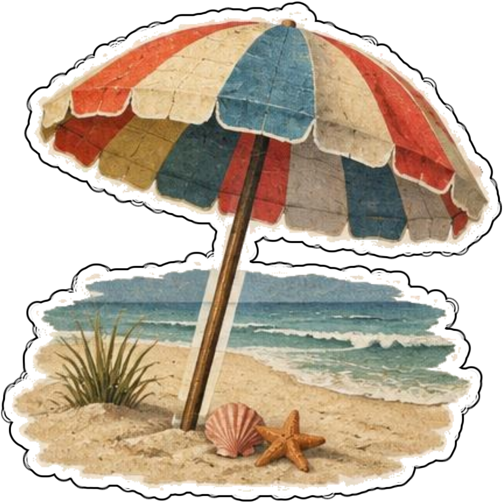 A beach umbrella over sandy toes