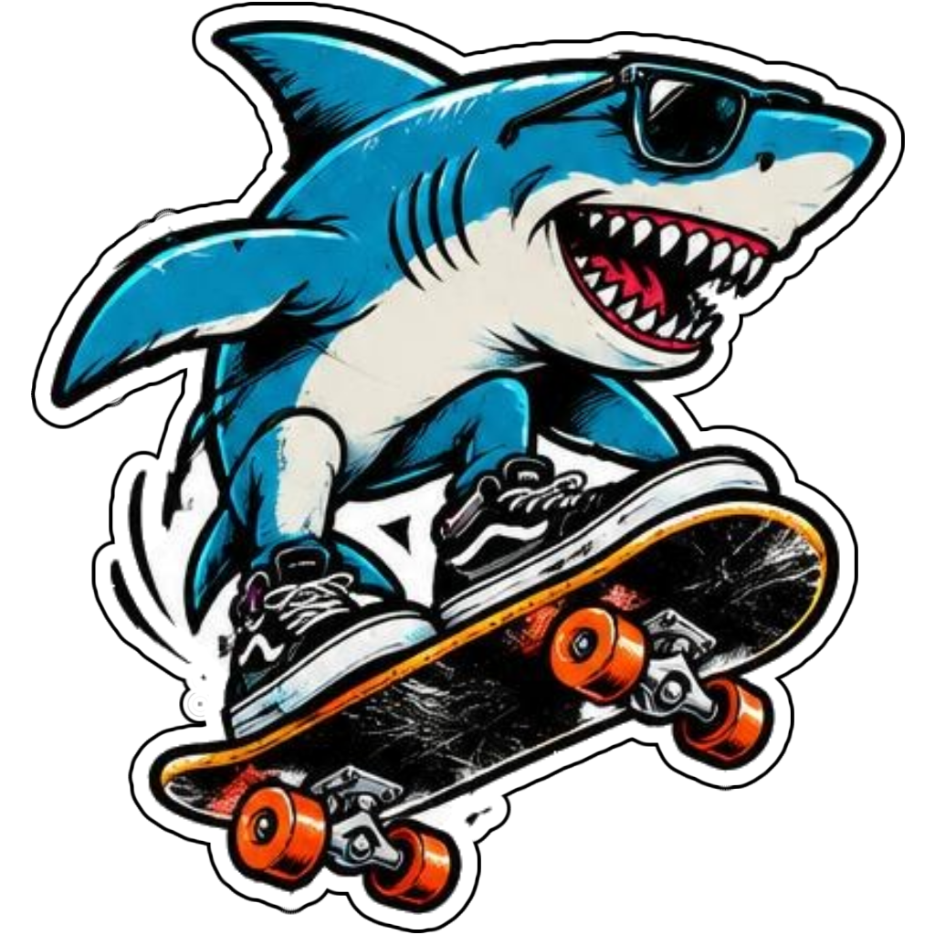 A shark riding a skateboard