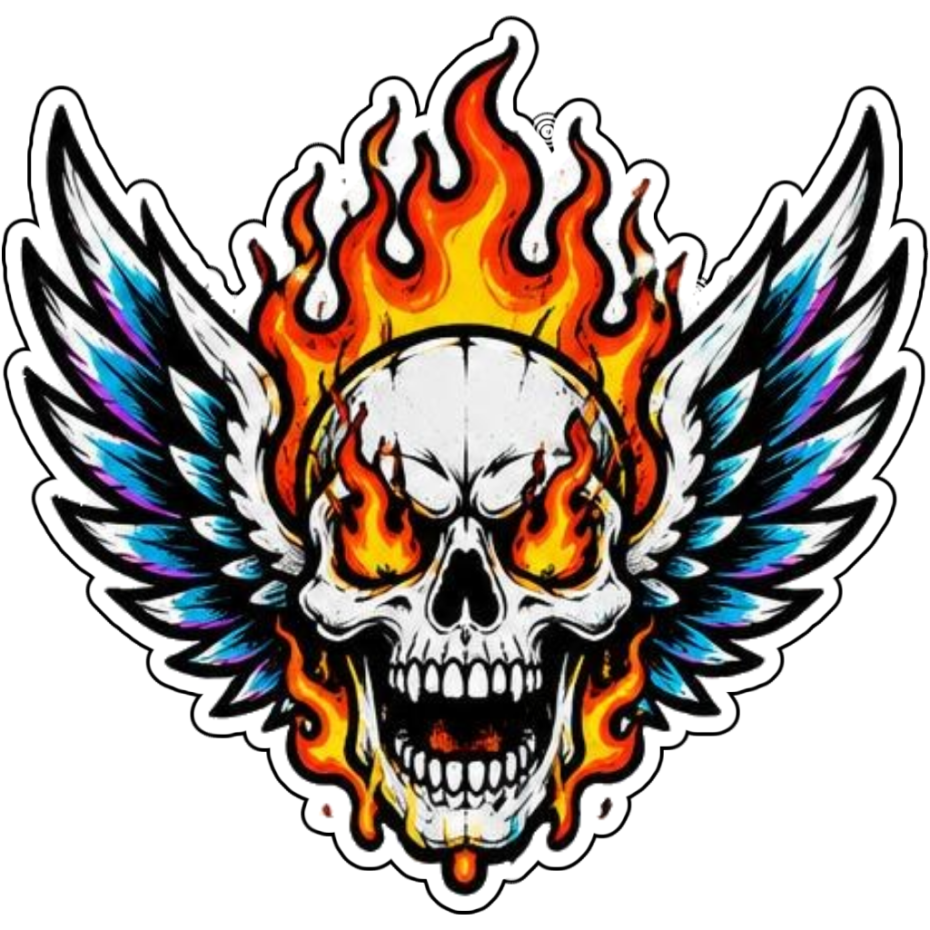 A flaming skull with wings