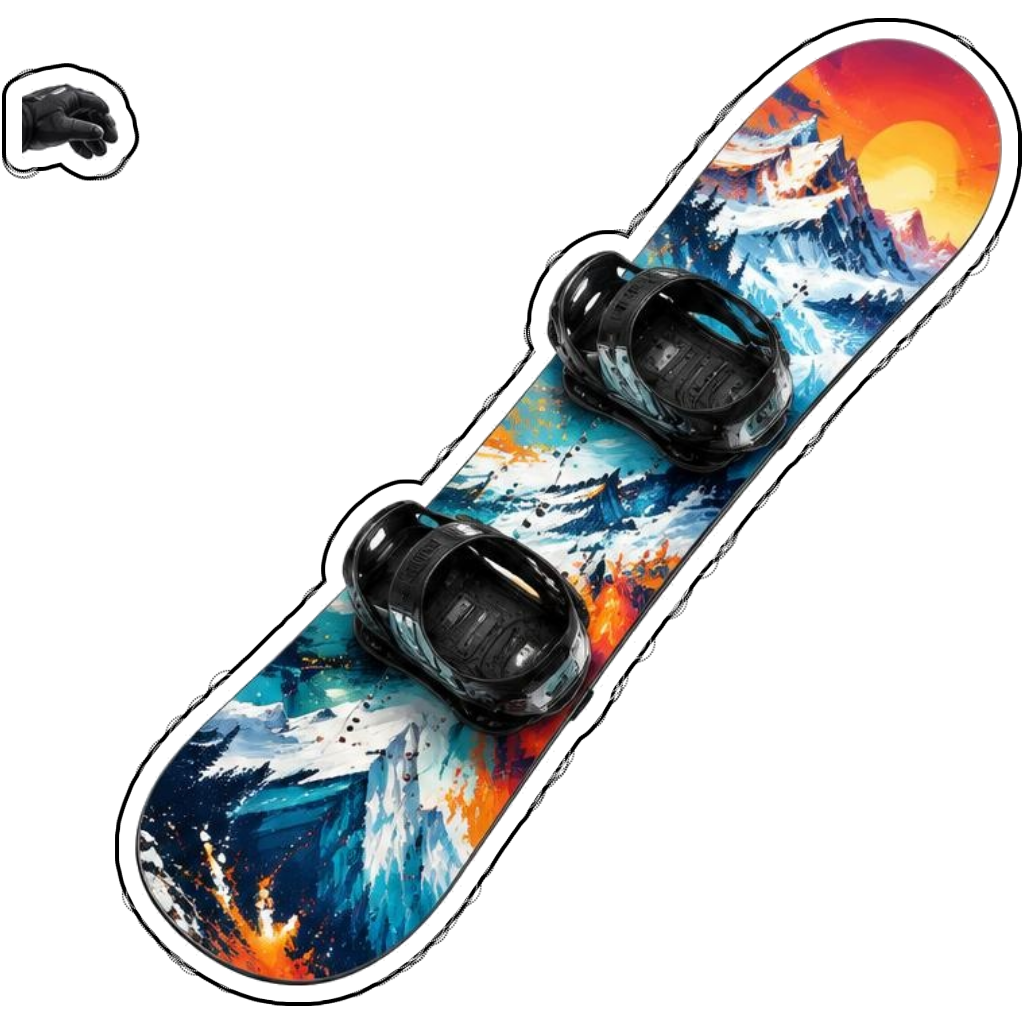 A colorful snowboard with black bindings