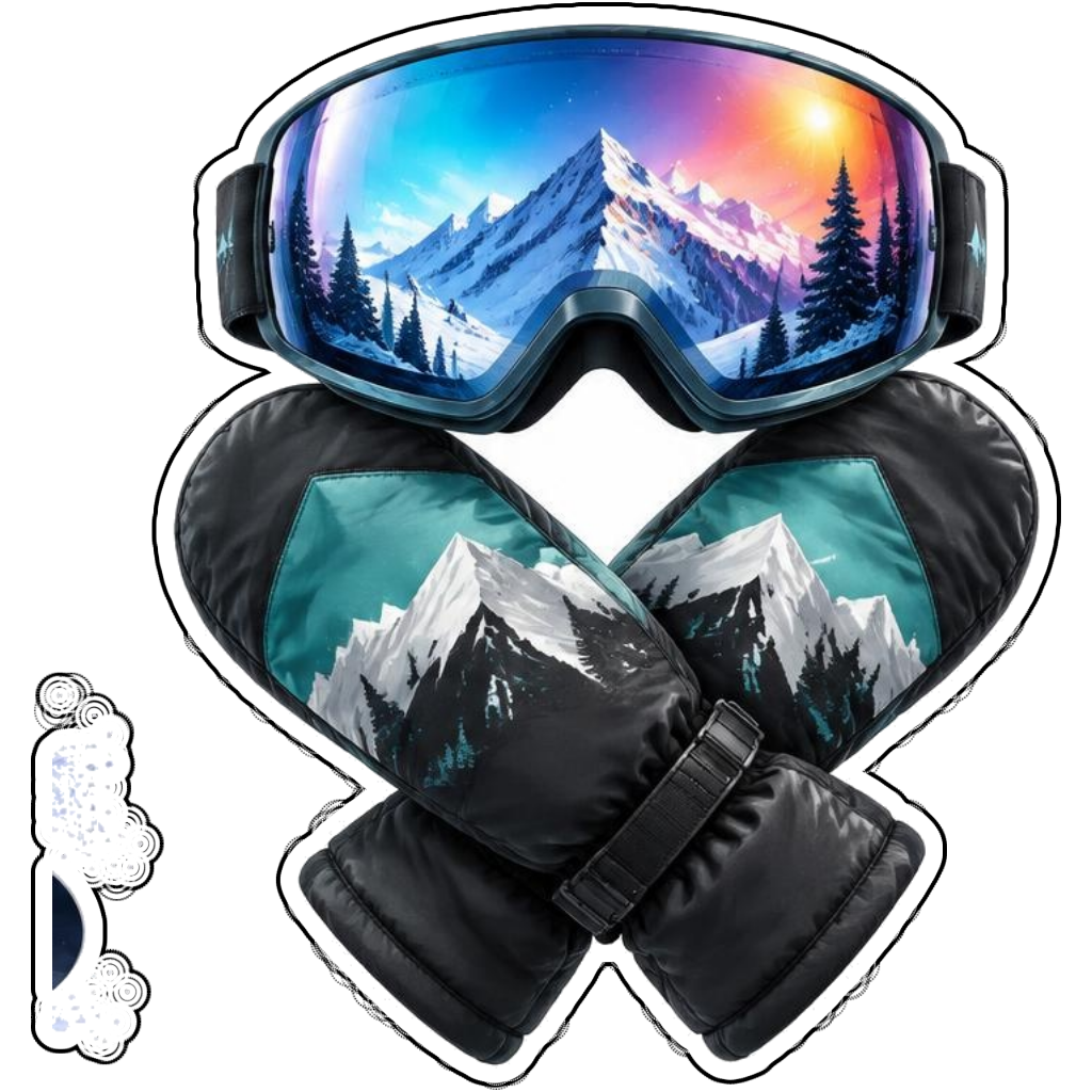 Snow goggles above crossed mittens