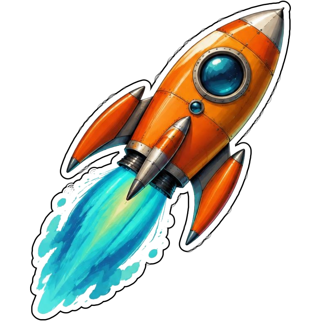 An orange rocket with turquoise exhaust