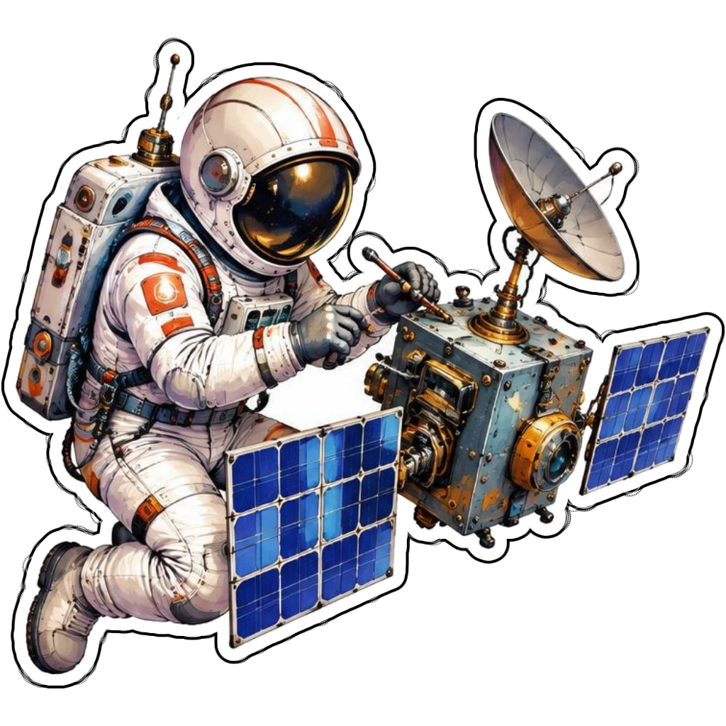 An astronaut repairing a satellite