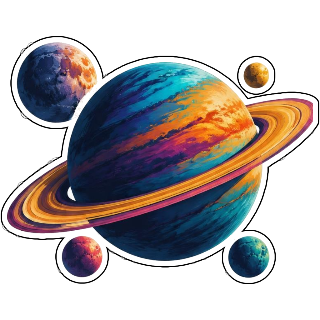 A jewel-toned ringed planet with moons