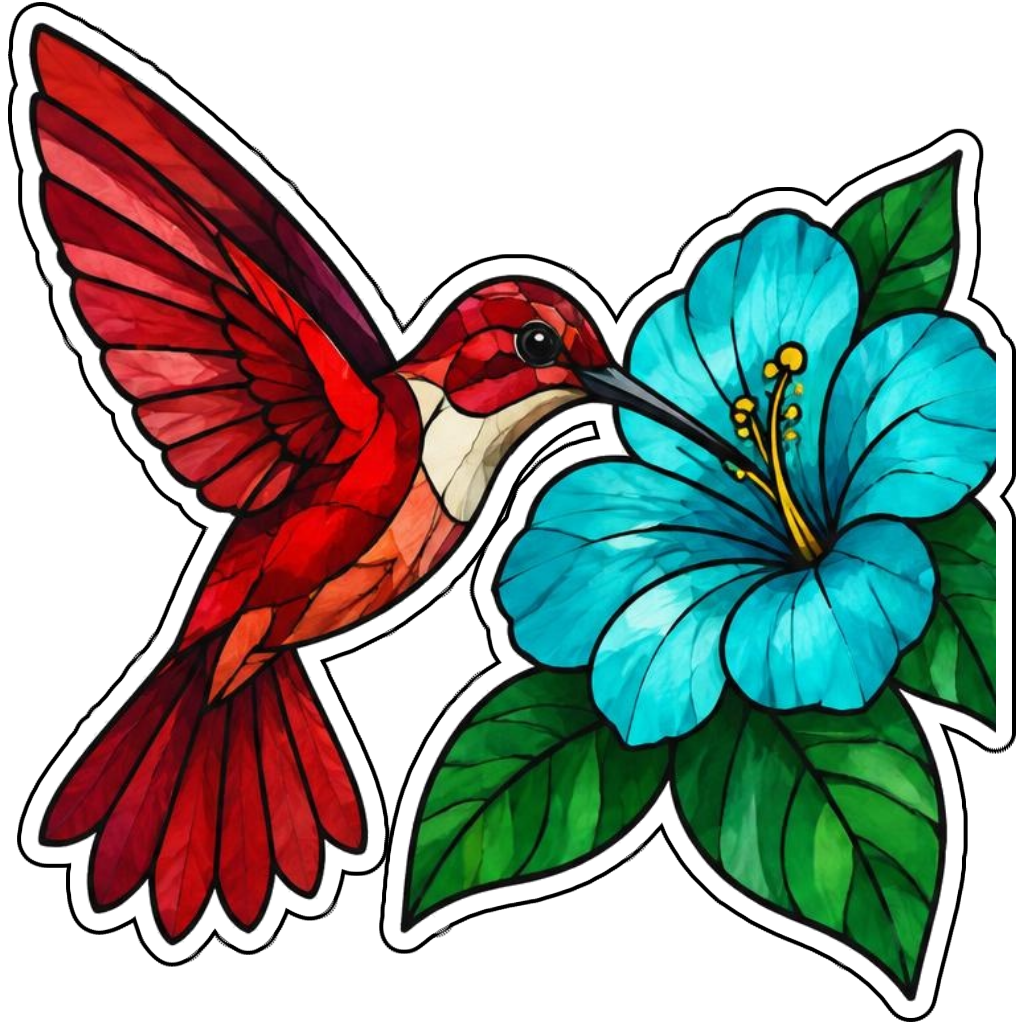 A ruby hummingbird with a turquoise flower in stained glass style