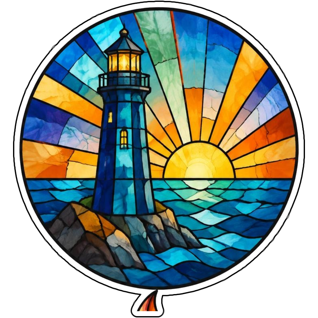 A blue lighthouse with sunrise glass panels