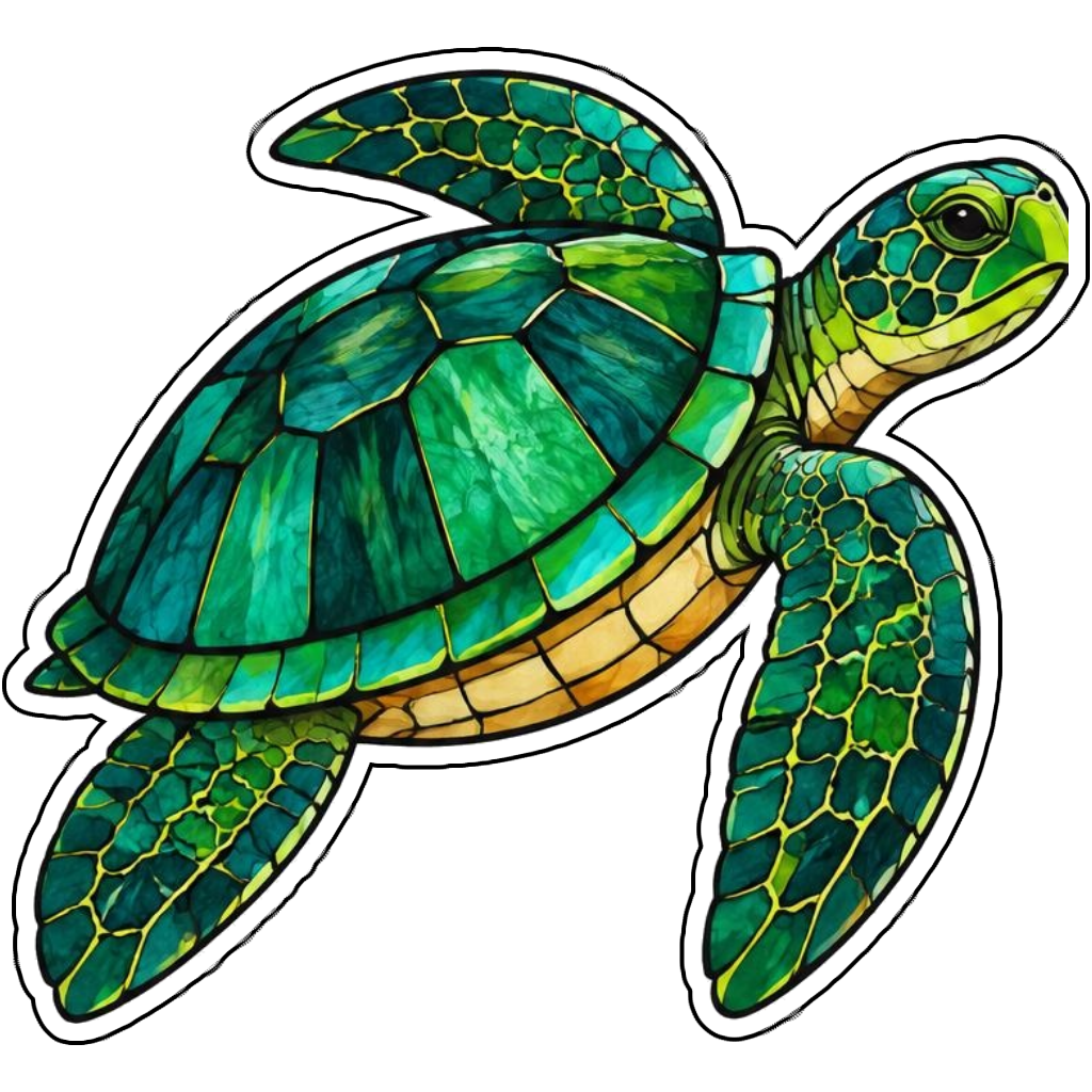 An emerald sea turtle in jewel-tone mosaic style