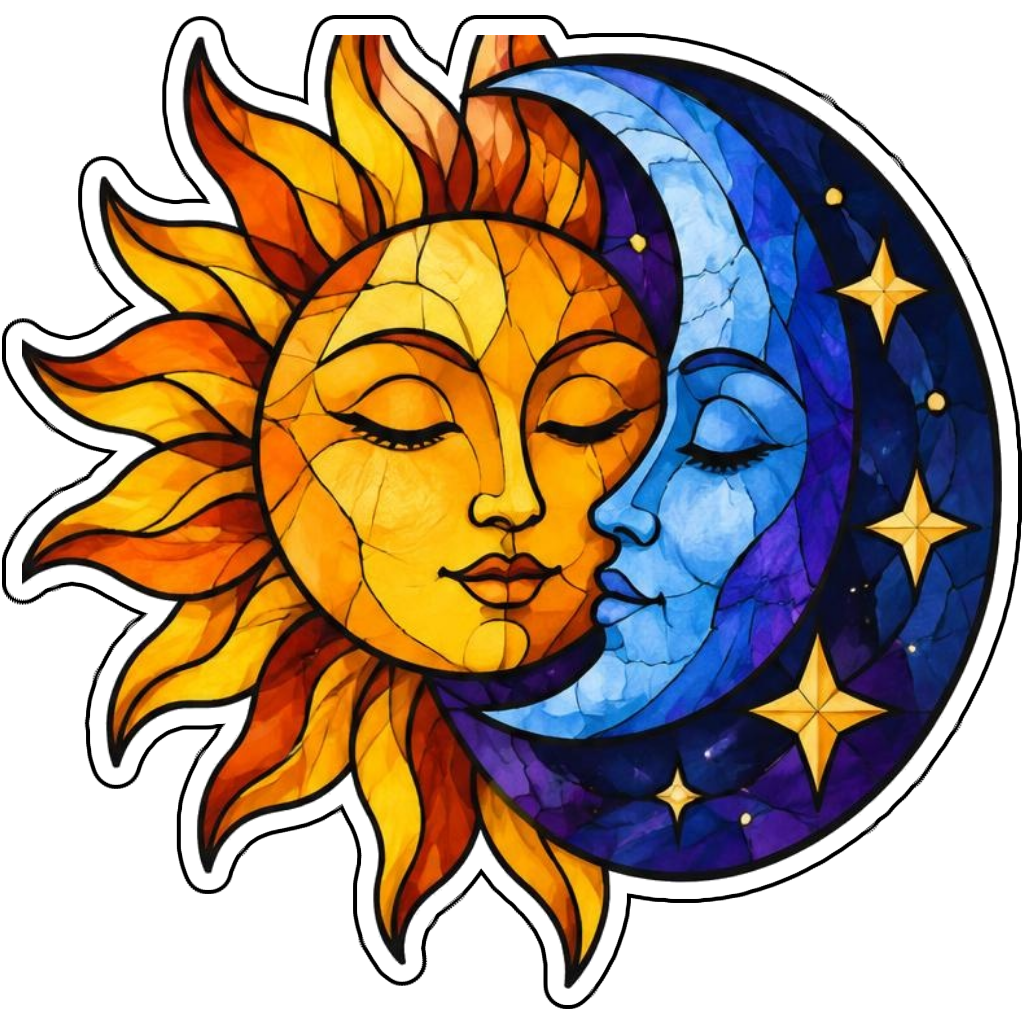 An amber sun and indigo moon in stained glass style