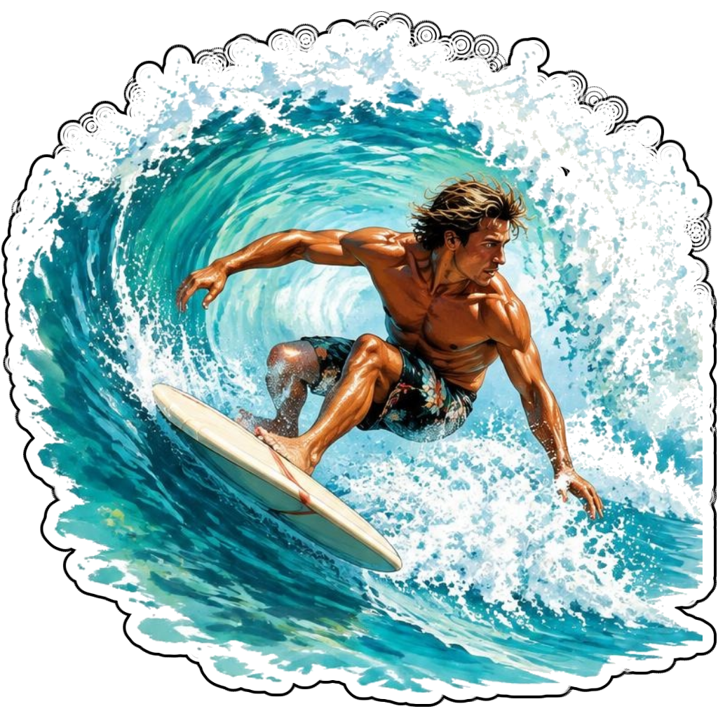 A surfer carving a turquoise wave