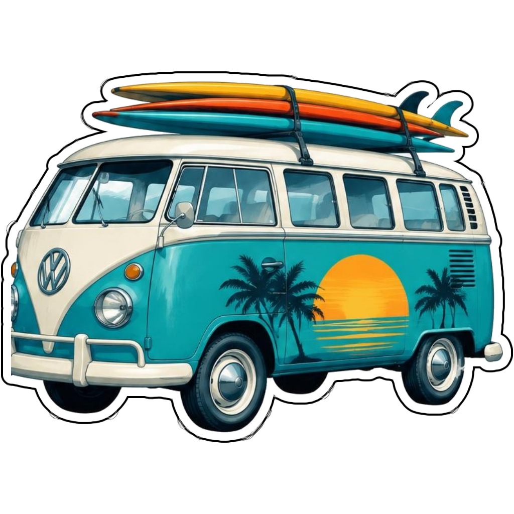 A beach van carrying colorful surfboards