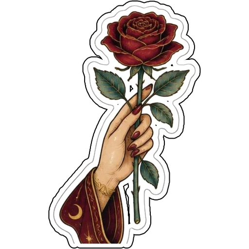A tarot-style hand holding a single rose