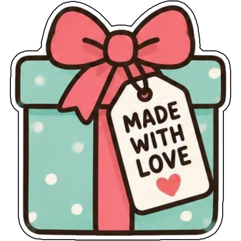 A gift box with a bow saying MADE WITH LOVE
