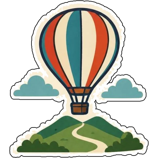 A hot air balloon floating over green hills