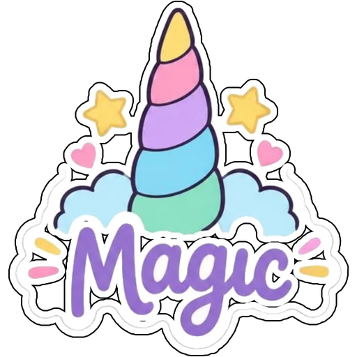 A rainbow unicorn horn with the word Magic