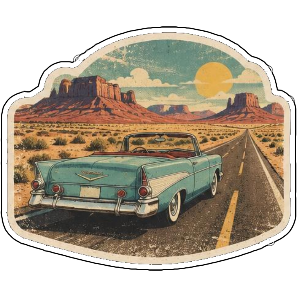 A classic convertible on a desert road