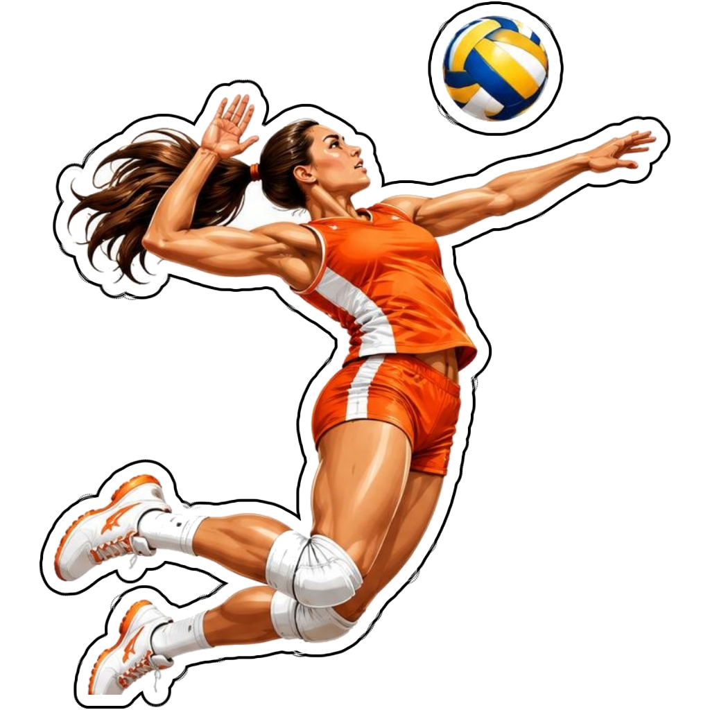 A volleyball player spiking in an orange kit